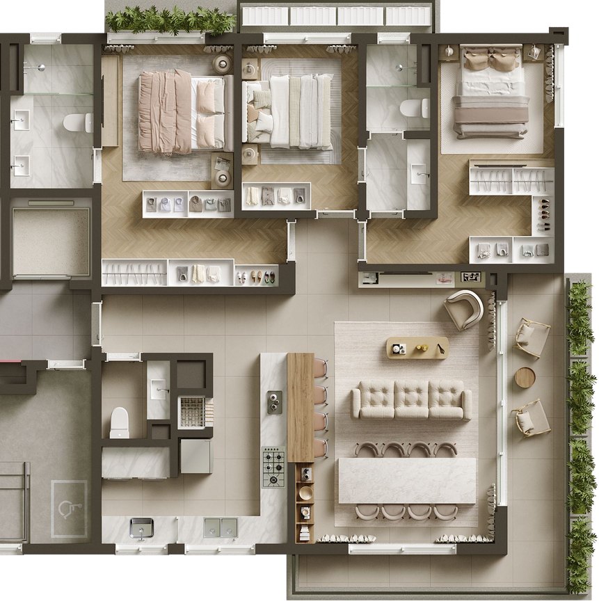 Planta humanizada — Final 01 · 3 suítes, 136 a 140 m²