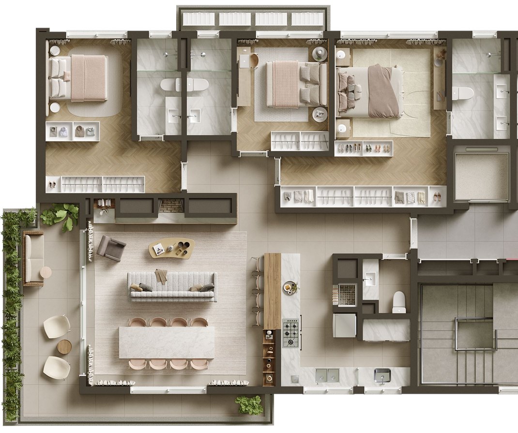 Planta humanizada — Final 02 · 3 suítes, 166 a 170 m²